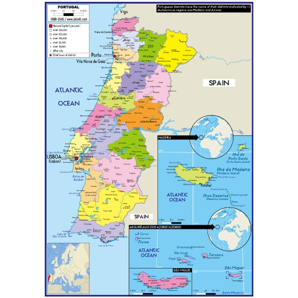 포르투갈 지도 중size 코팅형 110cmx150cm 영문판