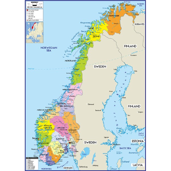 노르웨이 지도 중size 코팅형 110cmx150cm 영문판