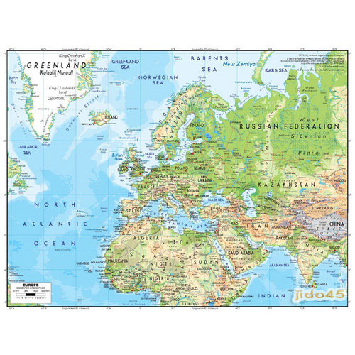 유럽지도(지세) - 코팅형 110-75cm , 영문 지도