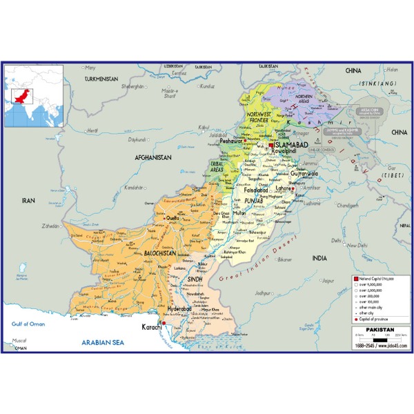 파키스탄 지도 중size 코팅형 150cmx110cm 영문판
