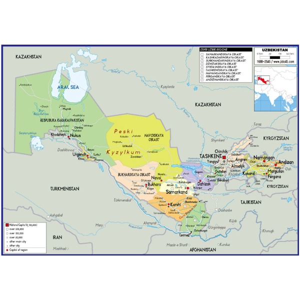 우즈베키스탄 지도 소size 코팅형 110cmx78cm 영문판