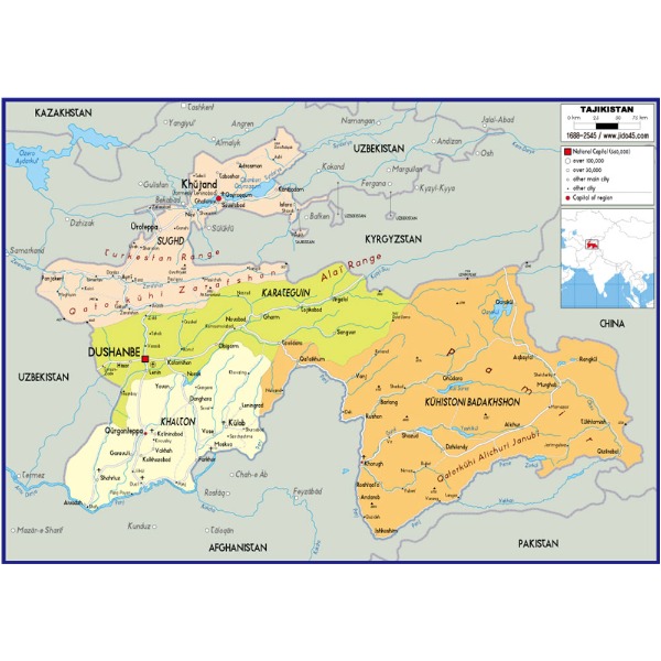 타지키스탄 지도 소size 코팅형 110cmx78cm 영문판