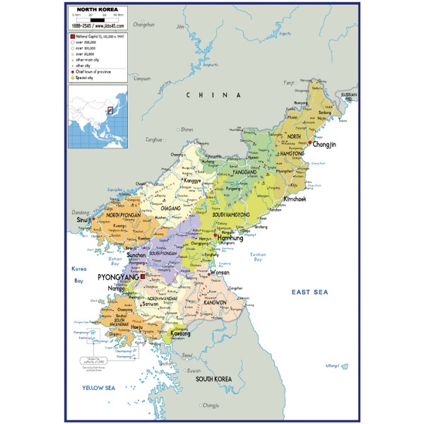 북한 지도 소size 코팅형 78cmx110cm 영문판