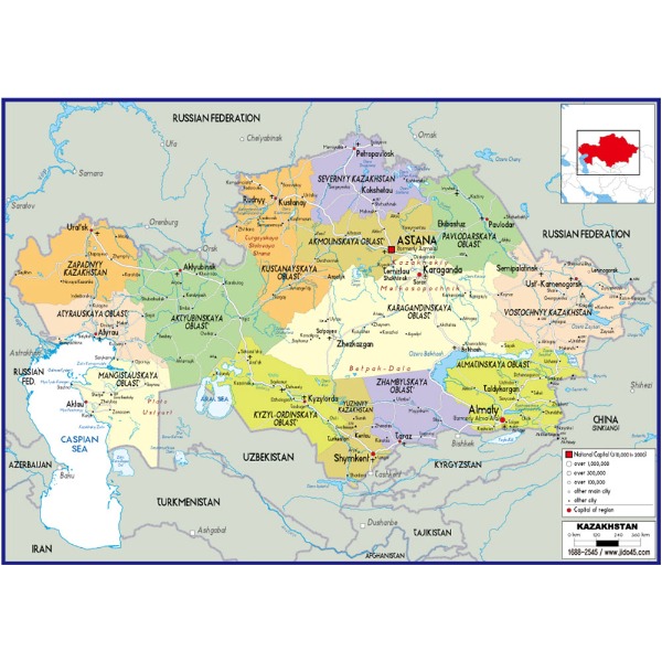 카자흐스탄 지도 대size 코팅형 210cmx150cm 영문판