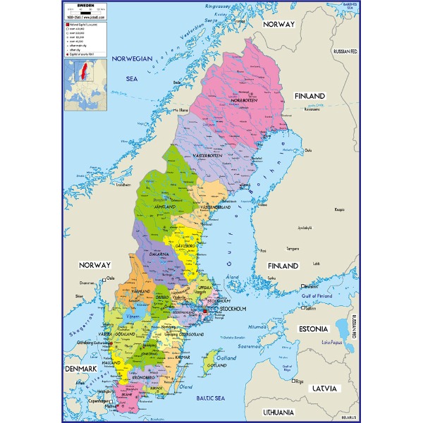 스웨덴 지도 소size 코팅형 78cmx110cm 영문판